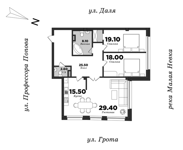 Дом на улице Грота, Корпус 1, 3 спальни, 115.94 м² | планировка элитных квартир Санкт-Петербурга | М16